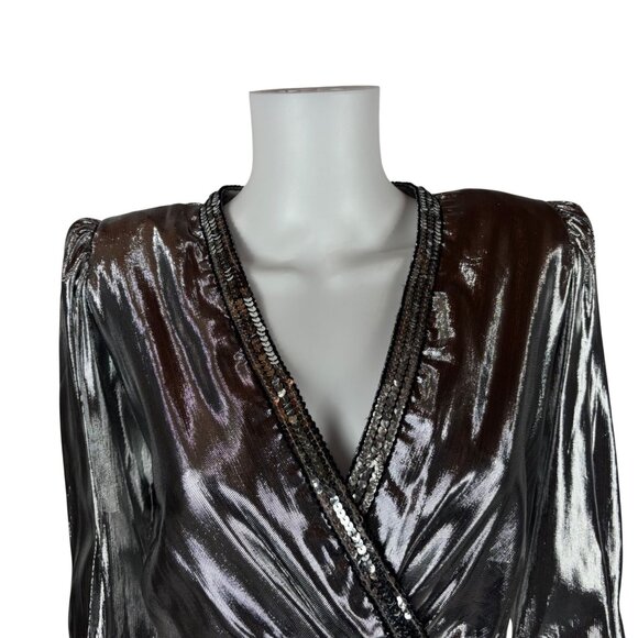 Vintage 70s Disco Shirt Womens Medium Silver Metallic Surplice Wrap Sequin Eveni - Picture 4 of 12